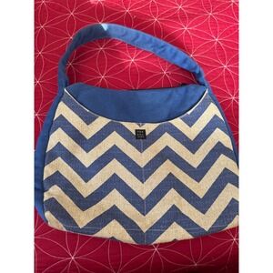Chevron Tote Bag Blue and Beige Shoulder Handbag Purse Casual Stylish